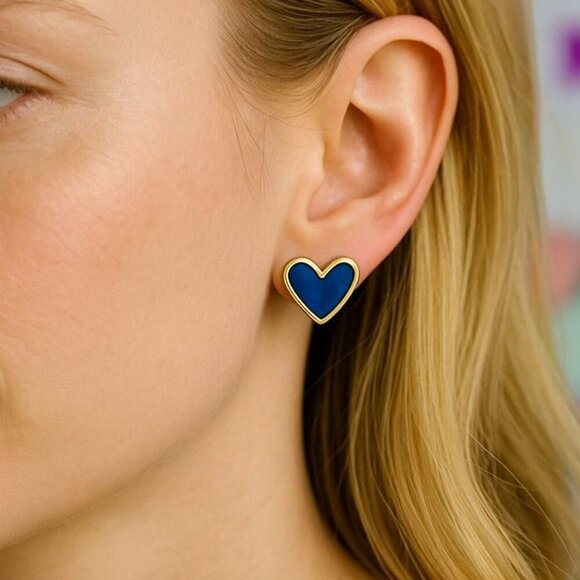 🆕 Royal Blue Enamel Heart Stud Earrings Gold Tone Statement Cute Gift Teen Girl - Picture 3 of 12
